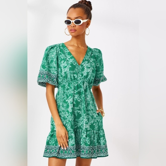 Lilly Pulitzer Kentlee Puff Sleeve Cotton Dress In Fiddle Leaf Safari Size 6 - Picture 9 of 13